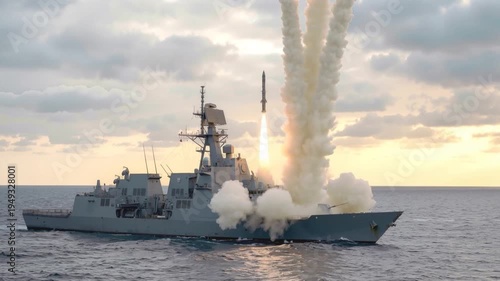 Destroyer launching multiple surface-to-air missiles from vertical cells at sea. Military warship conducting live-fire exercise during sunset. Panning wide shot.