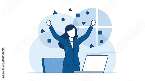 A businesswoman in a blue suit raises her arms in celebration while sitting at her desk with a laptop.