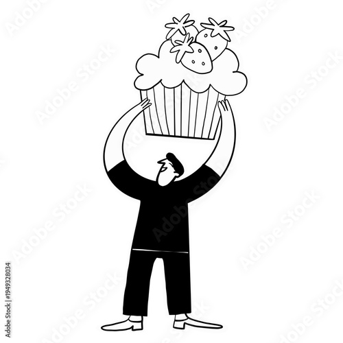 Cute hand drawn doodle people holding up oversized cupcake fun cartoon illustration set, editable SVG, restaurant bakery cafe branding elements

