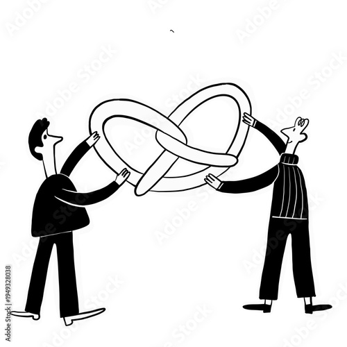 Cute hand drawn doodle tiny people holding big pretzels fun cartoon illustration set, editable SVG, bakery cafe branding elements

