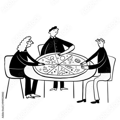 Cute hand drawn doodle people enjoying oversized pizza slices fun cartoon illustration set, editable SVG, restaurant branding elements