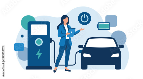 A woman holds a tablet while standing next to an electric vehicle connected to a charging station.