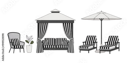 Set of modern patio furniture including a garden gazebo lounge chair sun loungers and potted plant Vector
