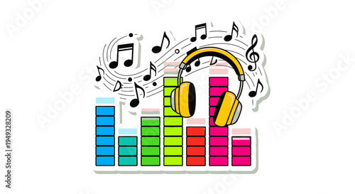 Vibrant graphic illustration of yellow headphones, colorful equalizer bars, and musical notes, symbolizing sound, music, and audio entertainment.