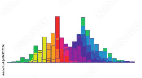 Dynamic colorful abstract spectrum bars, resembling a sound equalizer or data histogram. Modern graphic for technology, audio, science, and digital concepts.