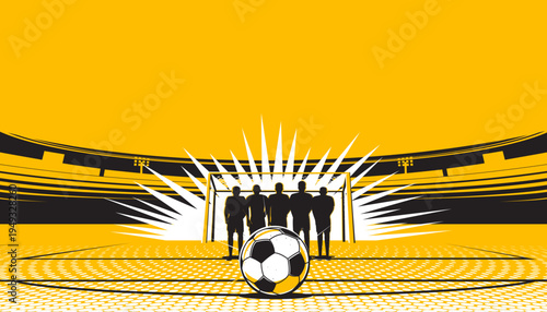 Football or soccer players making wall during penalty kick game in stadium field.