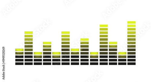 Yellow audio equalizer graphic with bars of varying heights on a white background, representing sound waves and music
