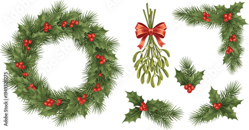 Comprehensive Hand Drawn Vector Collection of Christmas Holly Wreaths Red Berries and Mistletoe with Red Bows for Festive Holiday Seasonal Decor Projects