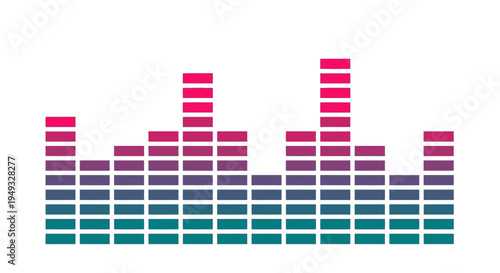 Colorful equalizer graphic with gradient bars representing sound waves or audio levels on a white background