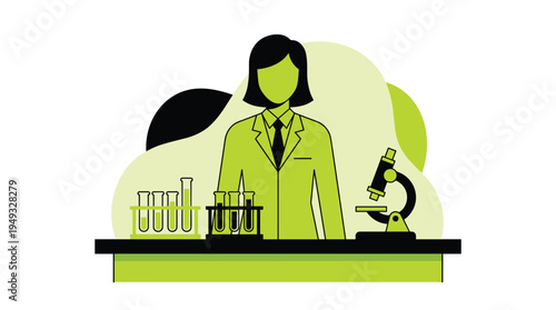 A female scientist in a lab coat stands at a laboratory bench with a microscope and test tubes.