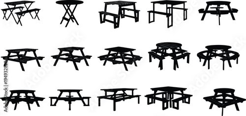 Picnic table silhouettes collection outdoor wooden benches park furniture vector illustration isolated camping garden seating set