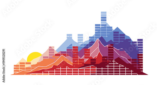 Abstract mountain range visualized as a sound equalizer with sunrise and sunset colors
