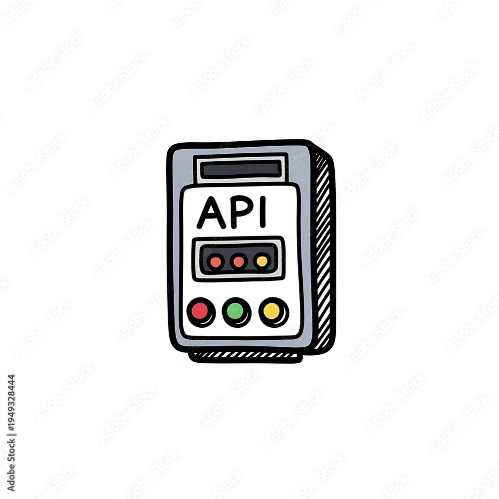 Fototapeta premium Hand-drawn API interface icon with colorful status buttons and digital connectivity concept