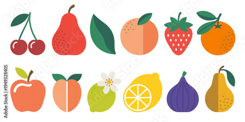 A collection of colorful flat vector illustrations featuring various fresh healthy organic fruits Vector