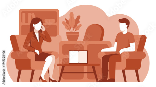 A therapist and a patient have a consultation in a minimalist office setting.