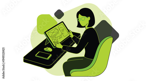 A female designer with glasses works on a user interface wireframe on a large tablet at her desk.