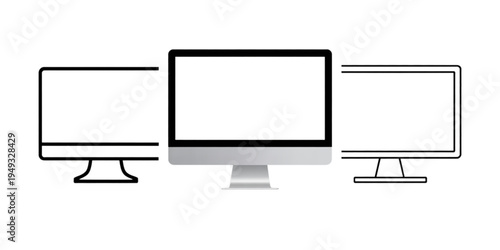 A detailed realistic desktop computer monitor flanked by two simple black outline monitor icons Vector