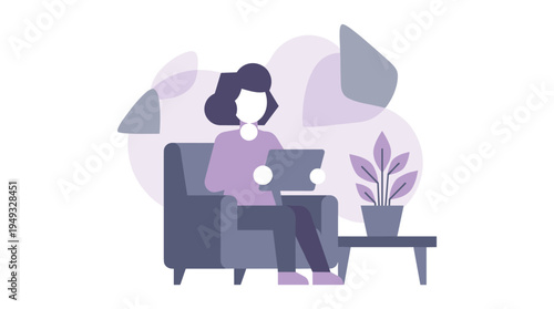 A woman relaxes in an armchair while reading on a digital tablet next to a potted plant.