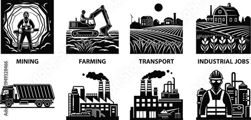 Mining farming transport and industrial jobs vector icons set, worker machinery agriculture and factory industry illustration collection