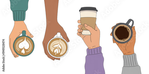 A collection of diverse hands holding various types of coffee mugs and paper cups for takeaway Vector