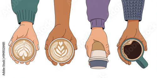 Top view of diverse hands holding various coffee cups with latte art and a takeaway paper cup Vector