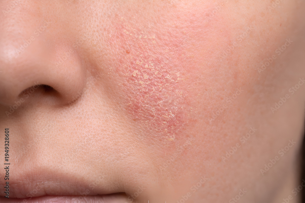 Fototapeta premium Photorealistic dermatology clinical close-up of the nasolabial fold area showing mild seborrheic dermatitis: subtle pink-red patch along the fold with fine slightly greasy scale