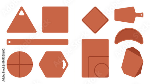 A set of various wooden cutting boards in different geometric shapes is displayed.