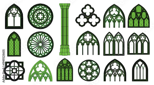A diverse set of isolated Gothic architectural elements, including various window designs and a column, are illustrated in black and green on a white background.