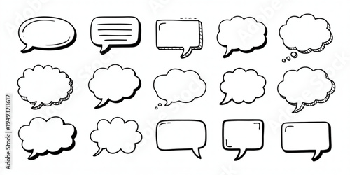 A collection of fifteen diverse hand drawn speech bubbles with varied shapes and border styles Vector