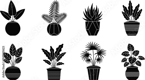 potted houseplant silhouettes vector icon set, indoor plants in decorative pots, tropical foliage collection, home decor botanical black plant icons