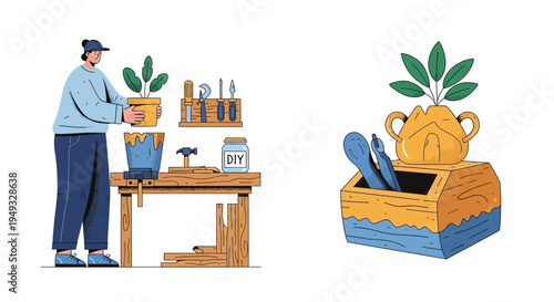 DIY Home Gardening & Crafting: Person Potting a Plant at Workbench with Tools and "DIY" Jar in Modern Flat Illustration Style