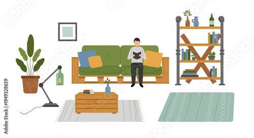 Cozy Living Room Interior with Man Reading on Pallet Sofa - Modern Flat Design Illustration