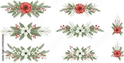 Comprehensive Hand Drawn Vector Collection of Festive Christmas Floral Arrangements Featuring Red Poppies White Anemones Green Pine Needles and Berries for Holiday D