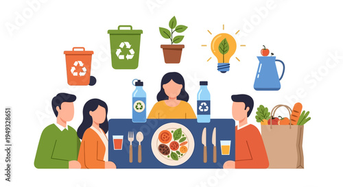Sustainable Living & Healthy Eating Concept. Eco-Friendly Family Practicing Conscious Consumption, Recycling, and Green Lifestyle Choices with Fresh Produce.