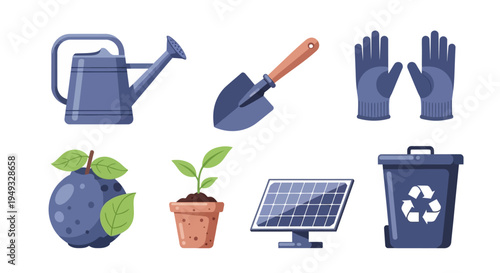 Gardening, Nature & Sustainability Icons: Tools, Plant, Fruit, Solar Panel, Recycling Bin