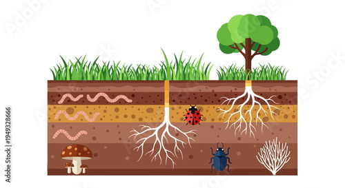 Soil Cross-Section with Tree Roots, Earthworms, Insects, and Fungi. Underground Ecosystem Layers & Plant Growth Illustration.