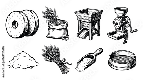 A set of eight hand-drawn illustrations depicting the process of milling wheat into flour is shown in black and white against a clean background.