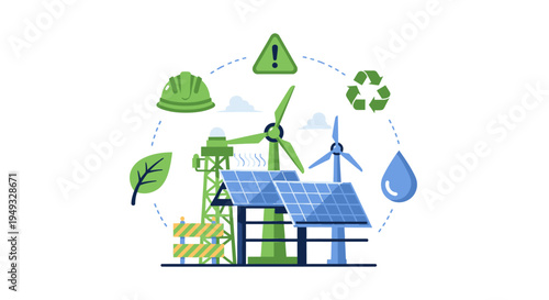 Renewable Energy and Sustainable Industry Concept: Solar Panels, Wind Turbines, and Eco-friendly Practices for Environmental Protection