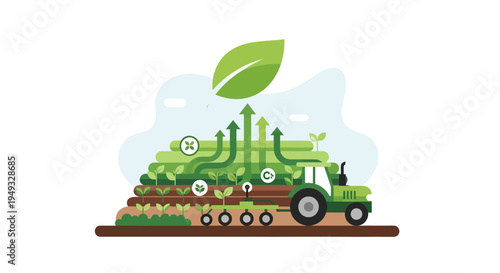 Sustainable Agriculture Growth Concept with Tractor, Plants, and Upward Arrows Illustrating Modern Farming Innovation and Yield Increase