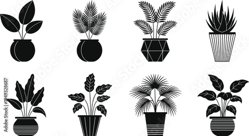 Potted houseplant silhouettes vector set, indoor decorative plants in pots collection, minimalist botanical home decor elements isolated illustration