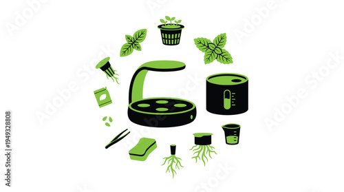 A set of black and green icons for a home hydroponics system is arranged in a circle on a white background.