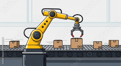 Automated Robotic Arm Moving Boxes on a Conveyor Belt.