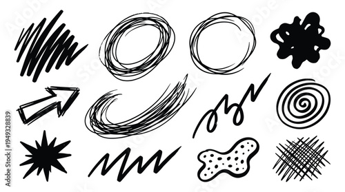 A collection of hand-drawn black ink doodle elements, including scribbles, circles, arrows, and abstract shapes, is isolated on a white background.