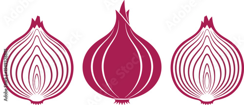 red onion vector illustration set, whole onion and sliced onion cross section icons, vegetable food ingredient, kitchen cooking symbol collection