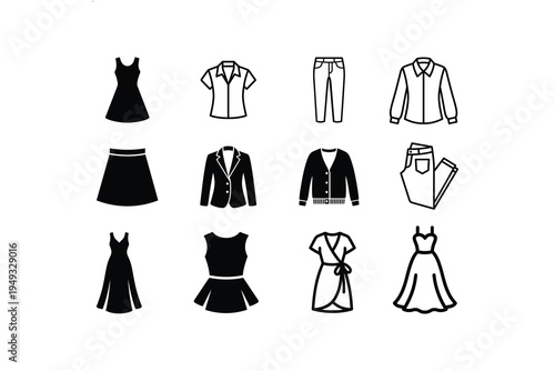 Womens clothing fashion line and glyph icon set - Women office and casual wear apparel icon collection