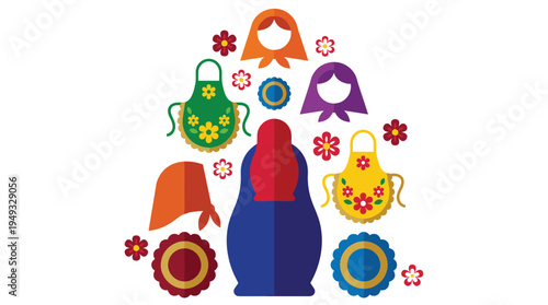 A collection of colorful Russian folk art icons, including Matryoshka nesting dolls, aprons, and flowers, arranged in a triangular composition.