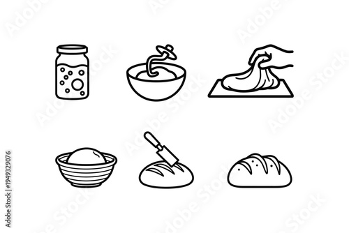 Sourdough bread making process line icon set - Homemade bread baking step icon collection