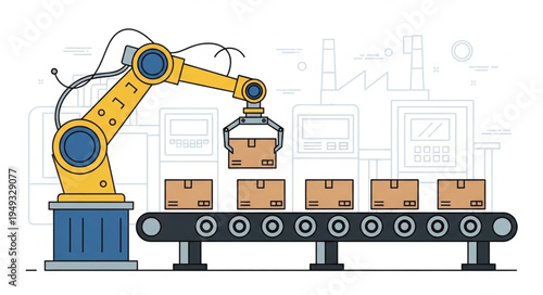 Automated Robotic Arm Moving Cardboard Boxes on a Conveyor Belt.