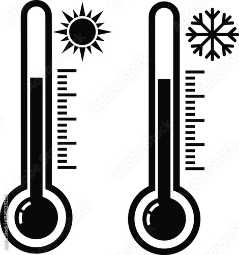 Thermometer temperature icon set with hot sun and cold snowflake symbols weather climate measurement vector illustration isolated on white background