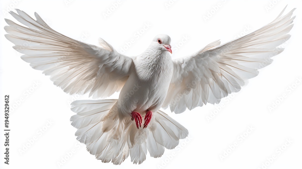 Fototapeta premium White dove soaring, wings spread wide against a pure white background
